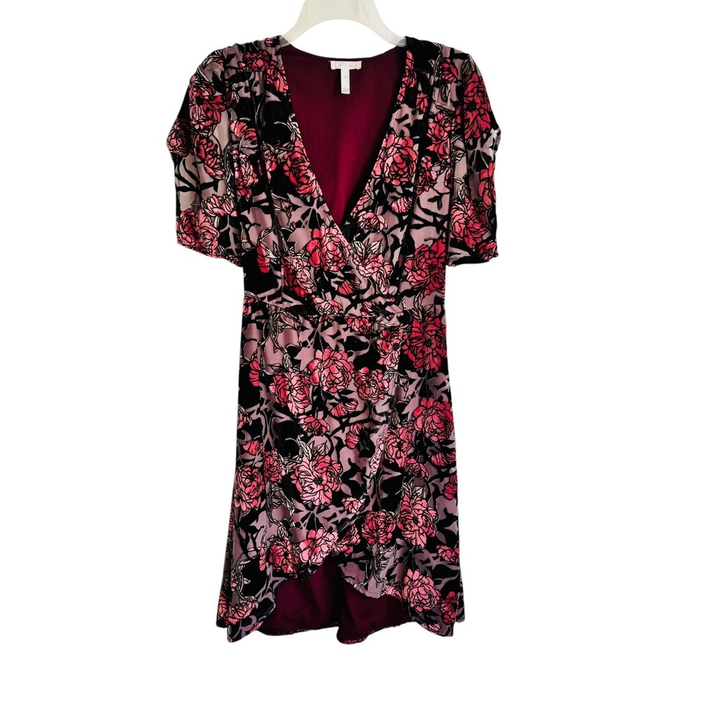 Leith Velvet Burnout Faux Wrap Floral A-Line Dress S Pink Black Elbow Sleeve